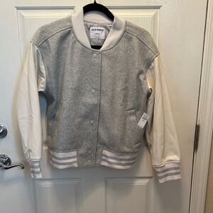 Old Navy Heather Gray and Cream Varsity Jacket Vegan Leather Sleeve Size Small P